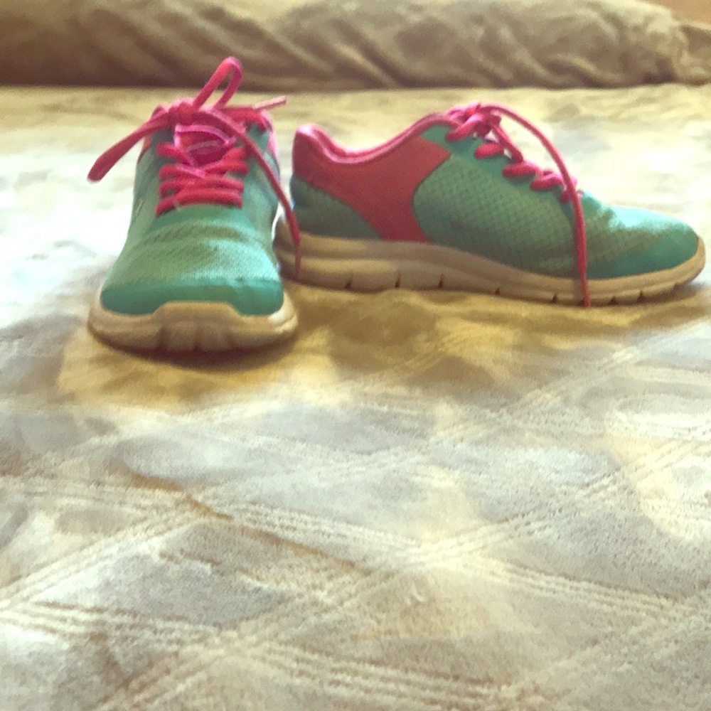 Pink and blue sneakers.